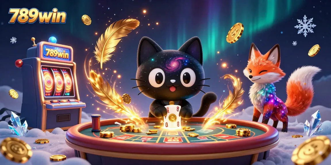 Gamble at 789win's cosmic casino with a black hole cat pulling in winning chips.