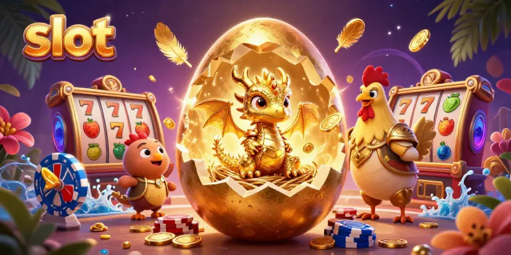 Engage with slot action as a baby dragon reveals golden treasures at a vibrant casino scene.