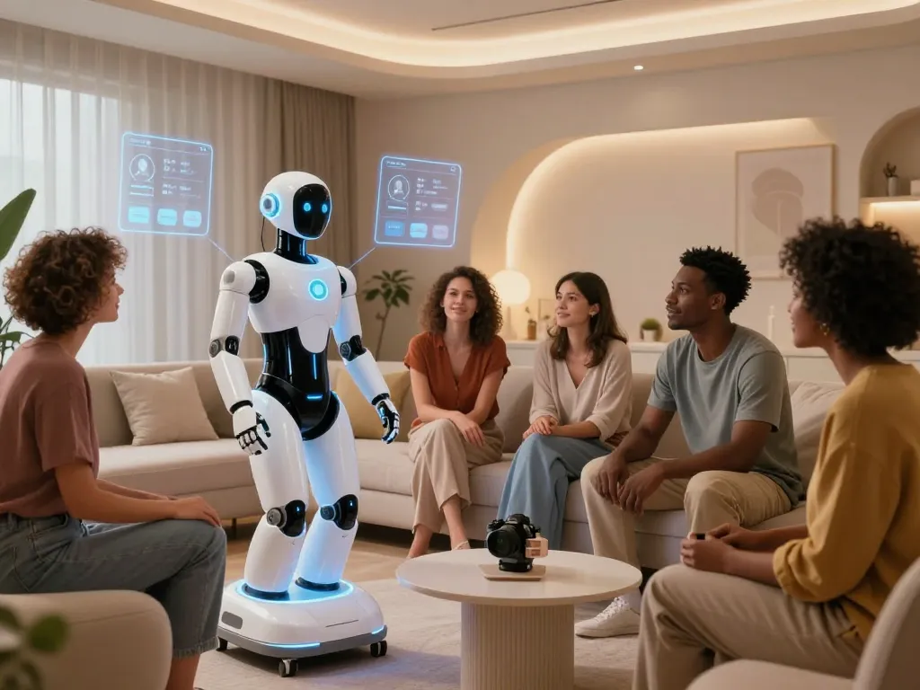 A diverse group interacting with an advanced AI sex robot in a futuristic wellness space, showcasing the integration of technology and intimacy.
