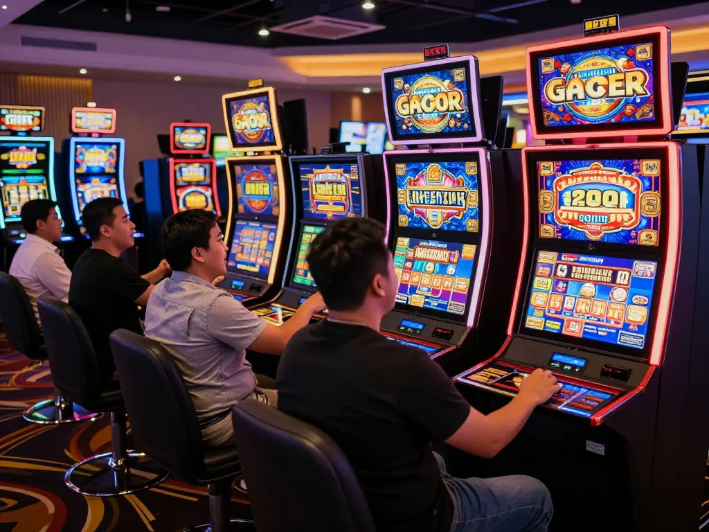 Players cheering at Slot Gacor machines, showcasing vibrant casino atmosphere and excitement.