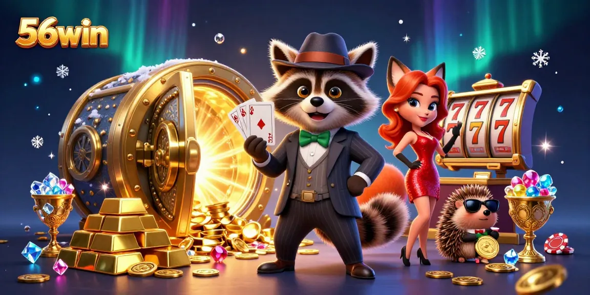 Experience the thrill of 56win with a royal flush and captivating casino characters in a rich 3D scene.