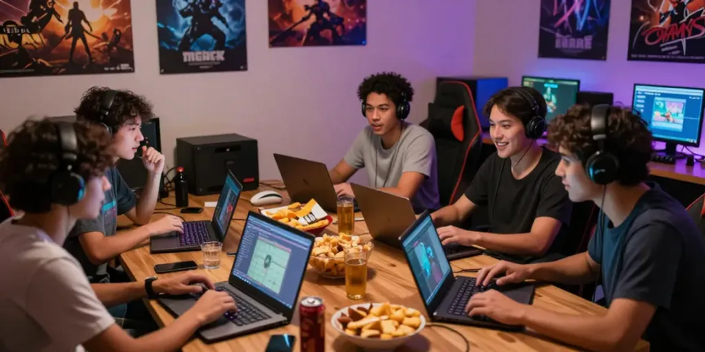 Friends enjoying gaming patterns at rokok88 in a cozy lounge.