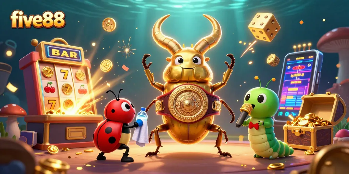 Engage in thrilling casino action at five88 with a vibrant scene featuring a golden stag beetle champion amidst explosive jackpot elements.