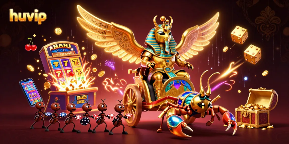 Engage with huvip gaming excellence featuring a golden scarab riding scorpions amidst a vibrant casino backdrop.