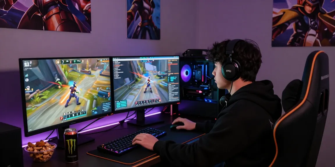 Intense gaming scene showcasing Overwatch 2 Cheat software on dual monitors with vibrant gameplay graphics in a competitive atmosphere