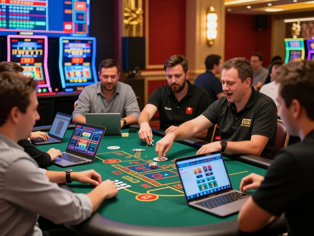 RR88 players enjoying lively baccarat games in a vibrant casino atmosphere with digital displays and community spirit.