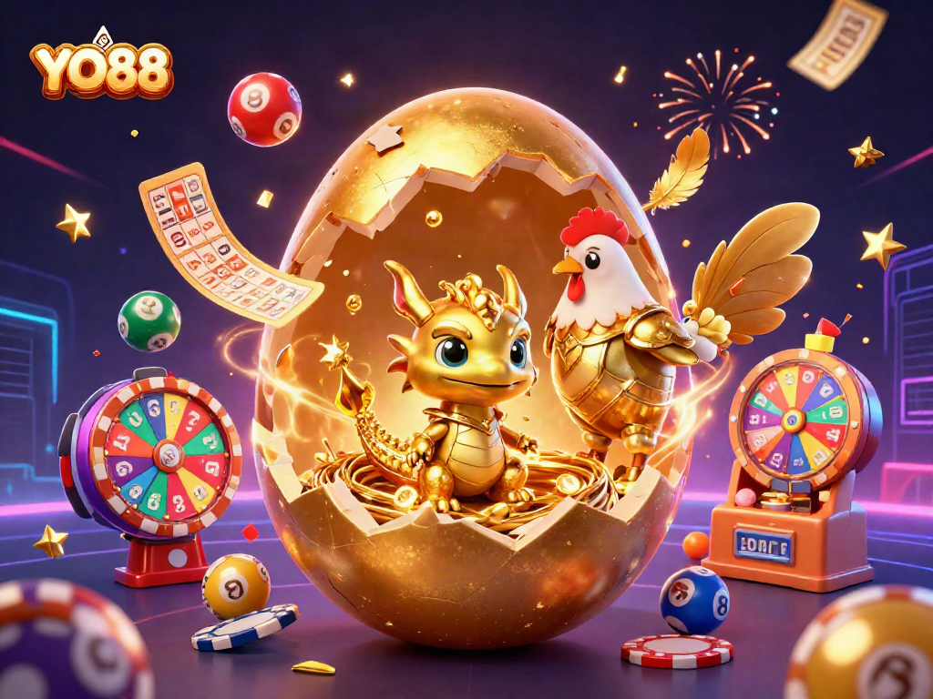Experience YO88's vibrant gaming world with a golden dragon and lottery excitement.