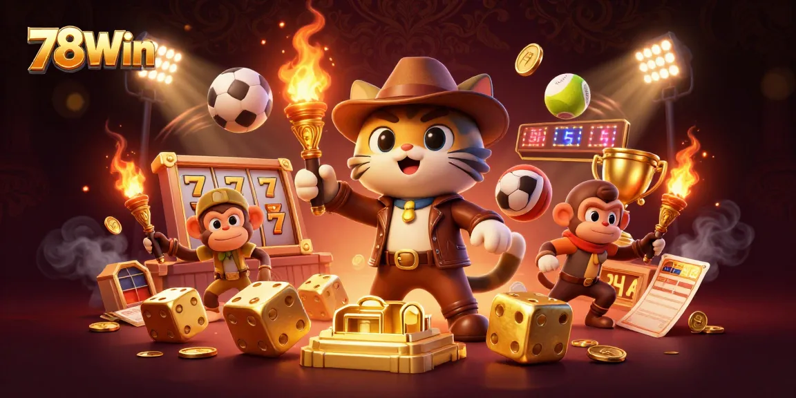 Engage with thrilling adventures at 78Win, discovering golden casino artifacts amidst dynamic game elements.