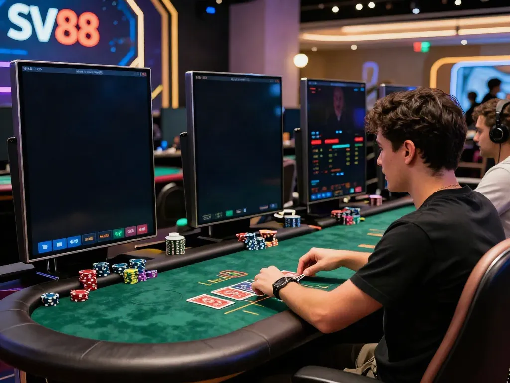 Engaged player enjoying live casino action at SV88 with multiple screens and immersive atmosphere.