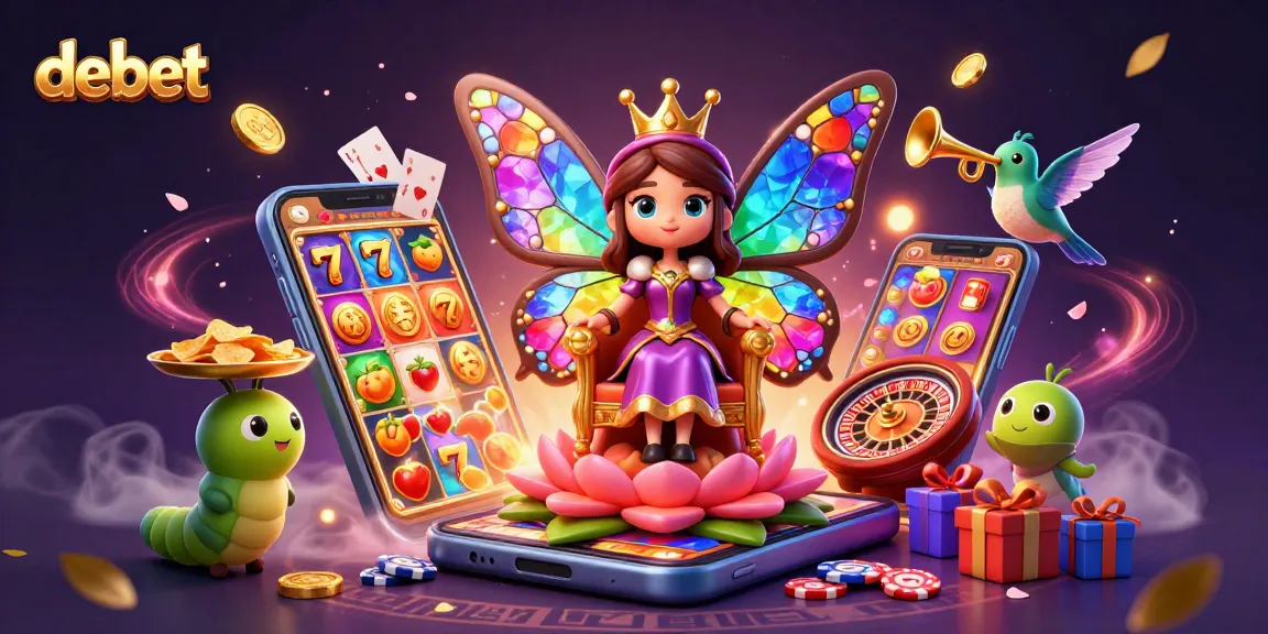 Engage with debet through a vibrant 3D casino scene featuring a butterfly queen and slot game excitement.