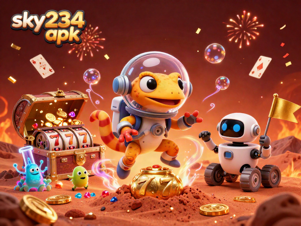 Experience the excitement of sky234 apk in this vibrant casino illustration with Martian gecko and more.