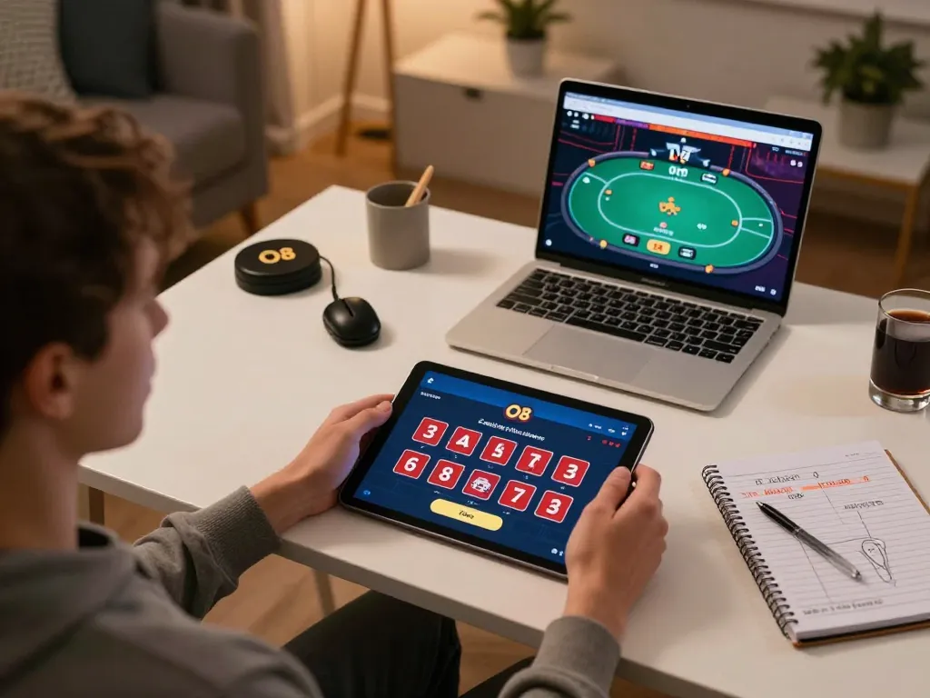 Playing the O8 casino app in a cozy home setting for enhanced gaming experience.