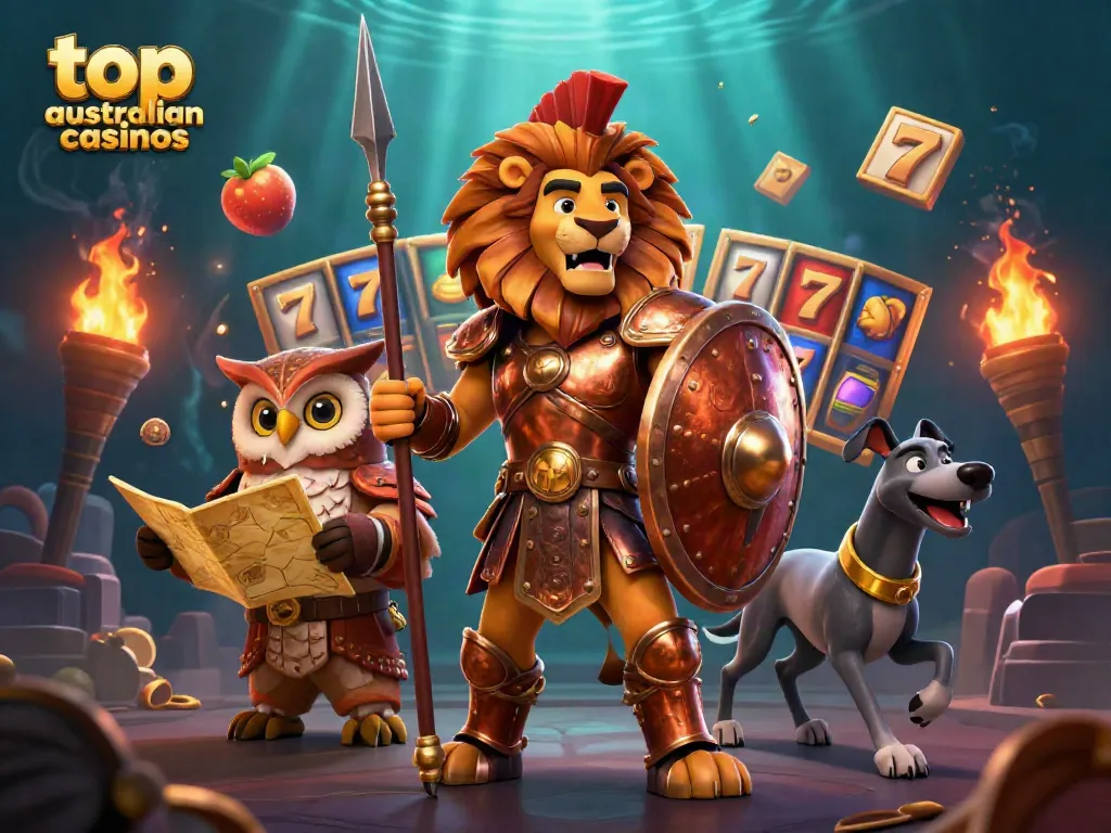 Experience thrilling gameplay at top australian casinos with a heroic lion leading the way.