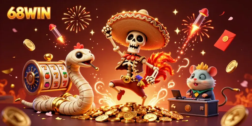 Experience the thrill of 68WIN with vibrant characters and riches in this dynamic illustration.