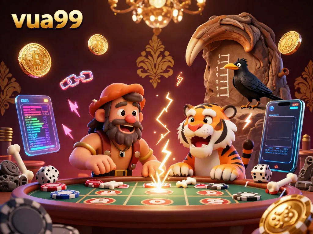 Experience exciting gaming at vua99 with a prehistoric casino scene featuring unique characters and vibrant details.