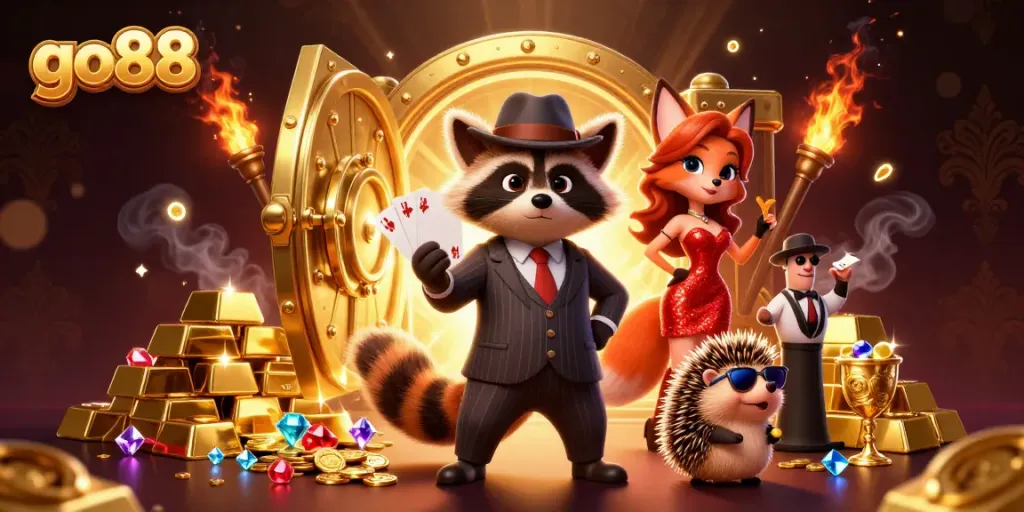 Chơi game tại go88 với gấu trúc lịch lãm, cáo xinh đẹp và nhím bảo vệ giữa kho báu khổng lồ.