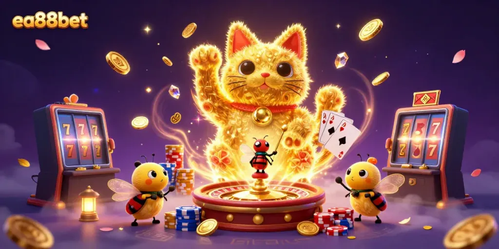 Experience thrilling gaming vibes with ea88bet, featuring a lucky cat and stunning casino symbols.