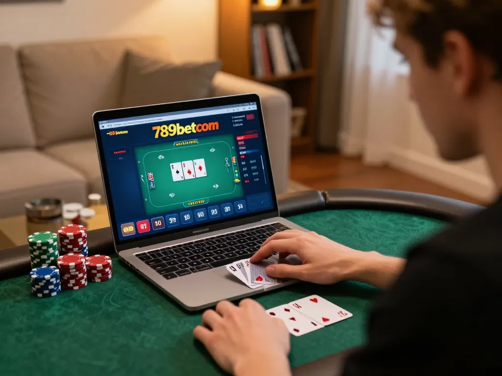 Engaged player strategizing with 789betcom poker on laptop, surrounded by cozy home ambiance