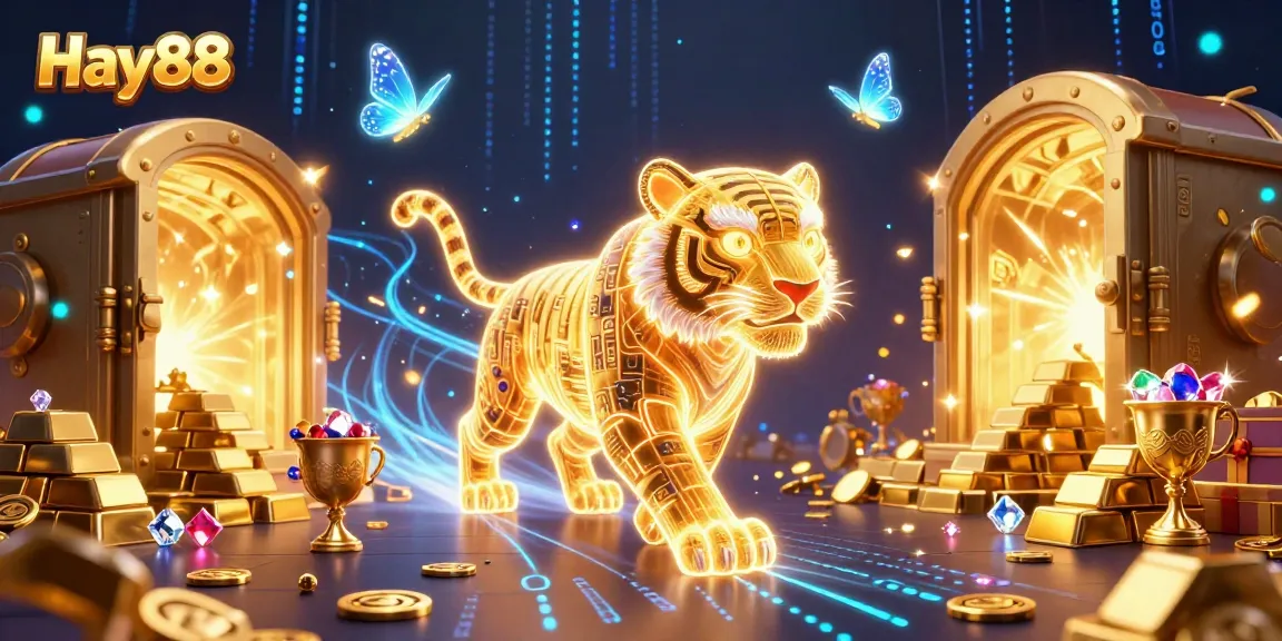 Experience the thrill of Hay88 with a golden energy tiger amidst vibrant casino elements.