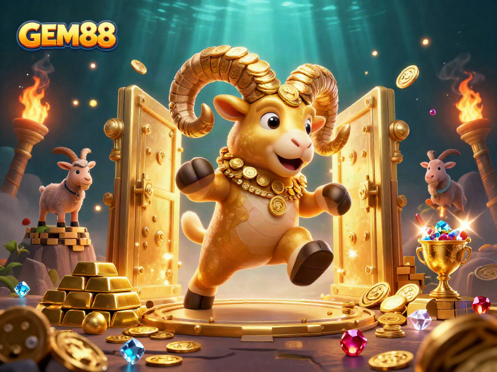 Experience the thrill of GEM88 with a vibrant 3D illustration, featuring a golden ram and treasures.