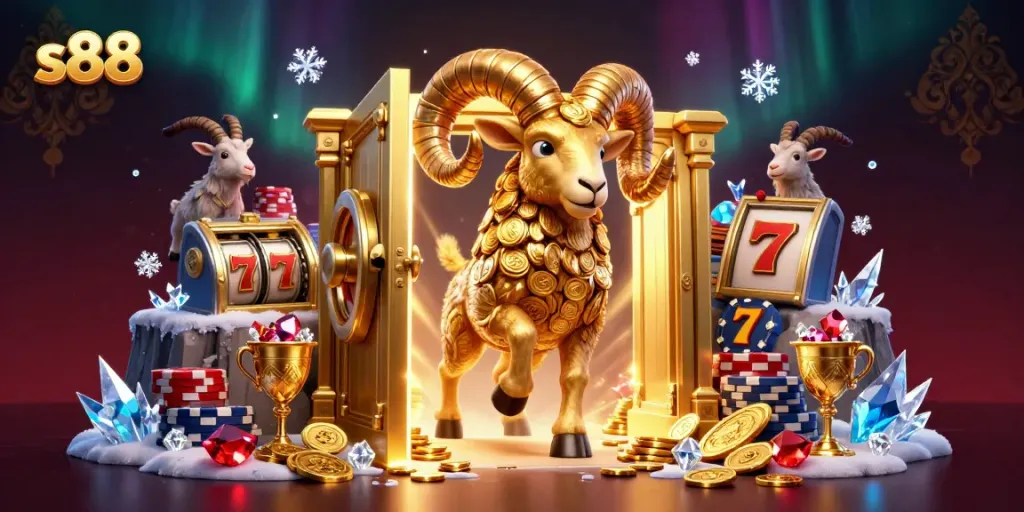 Experience thrills with s88's golden ram charging through a treasure vault in this vibrant casino scene.