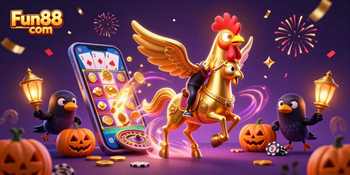 Join the excitement with Fun88 com as the golden rooster gallops through a dazzling casino!