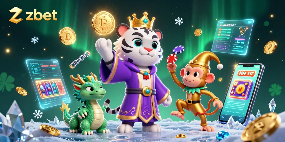 Engage in thrilling gameplay at zbet with vibrant 3D characters surrounded by crypto elements and slot machines.