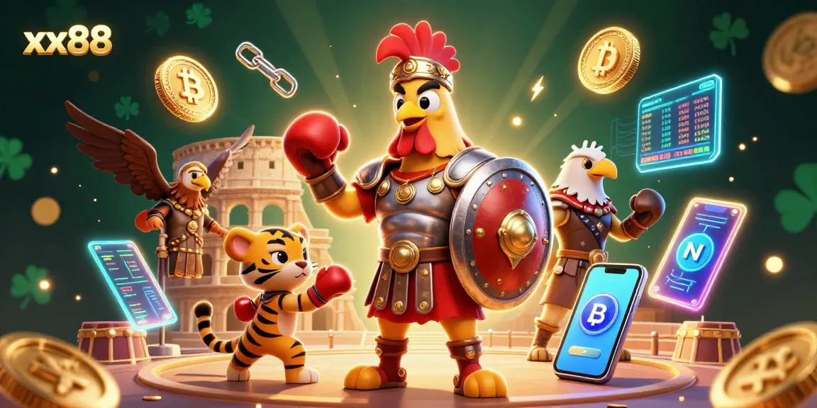 xx88 welcomes players to win big in a vibrant 3D casino scene with gladiators and crypto elements.