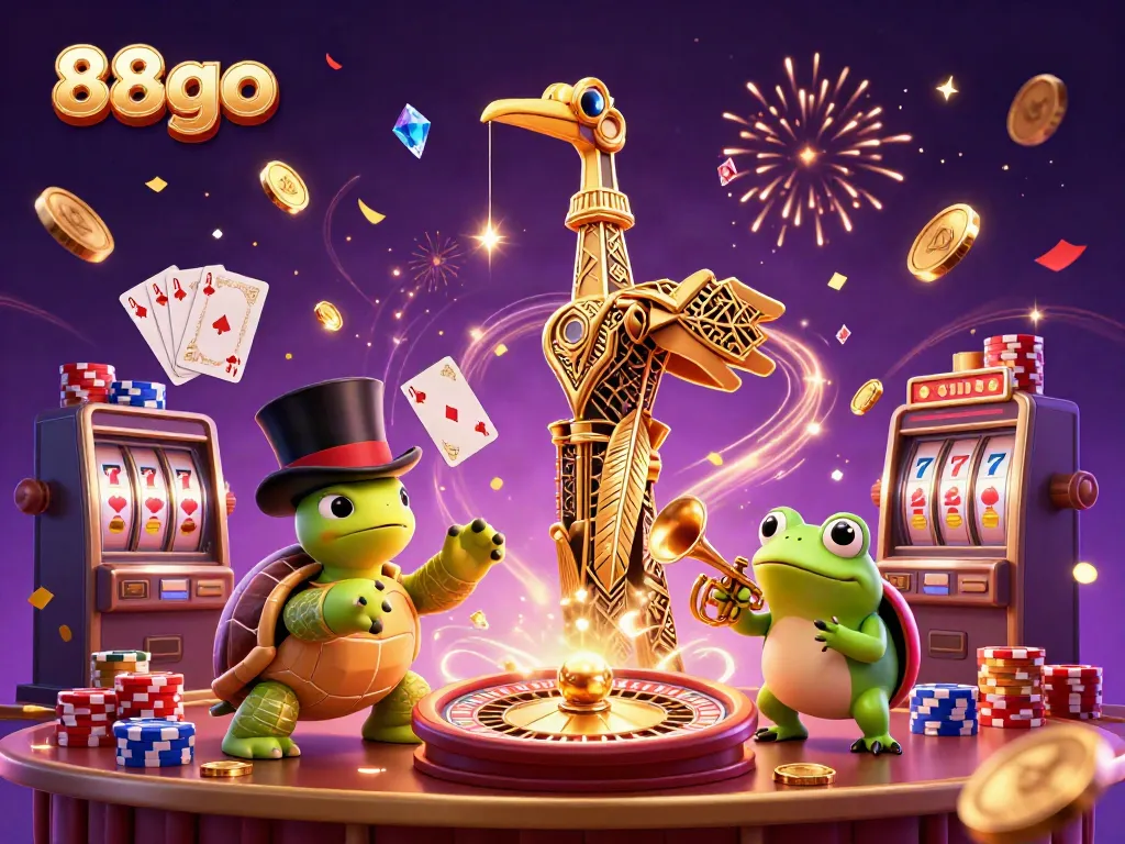 88go showcases a vibrant casino scene featuring a cartoon crane, turtle, and frog celebrating with coins and gems.