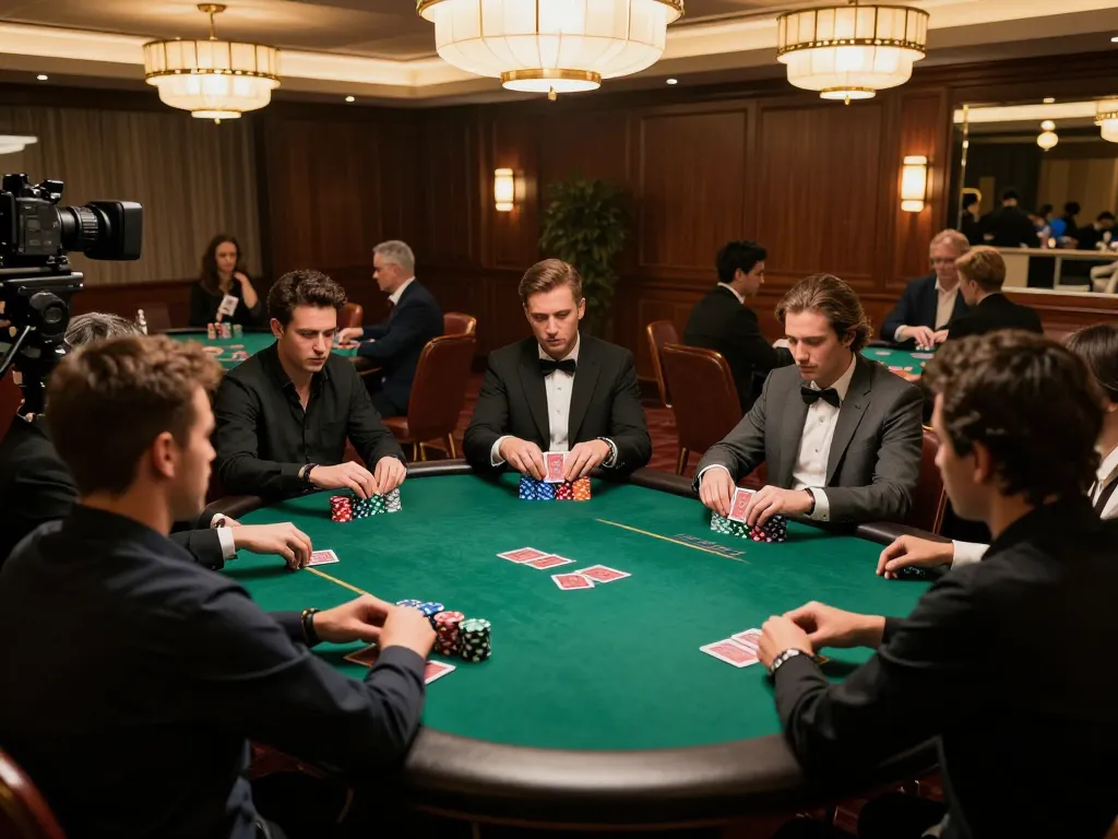 GG88 players competing in a high-stakes poker game at an upscale venue, illuminated by warm lighting and surrounded by luxury decor