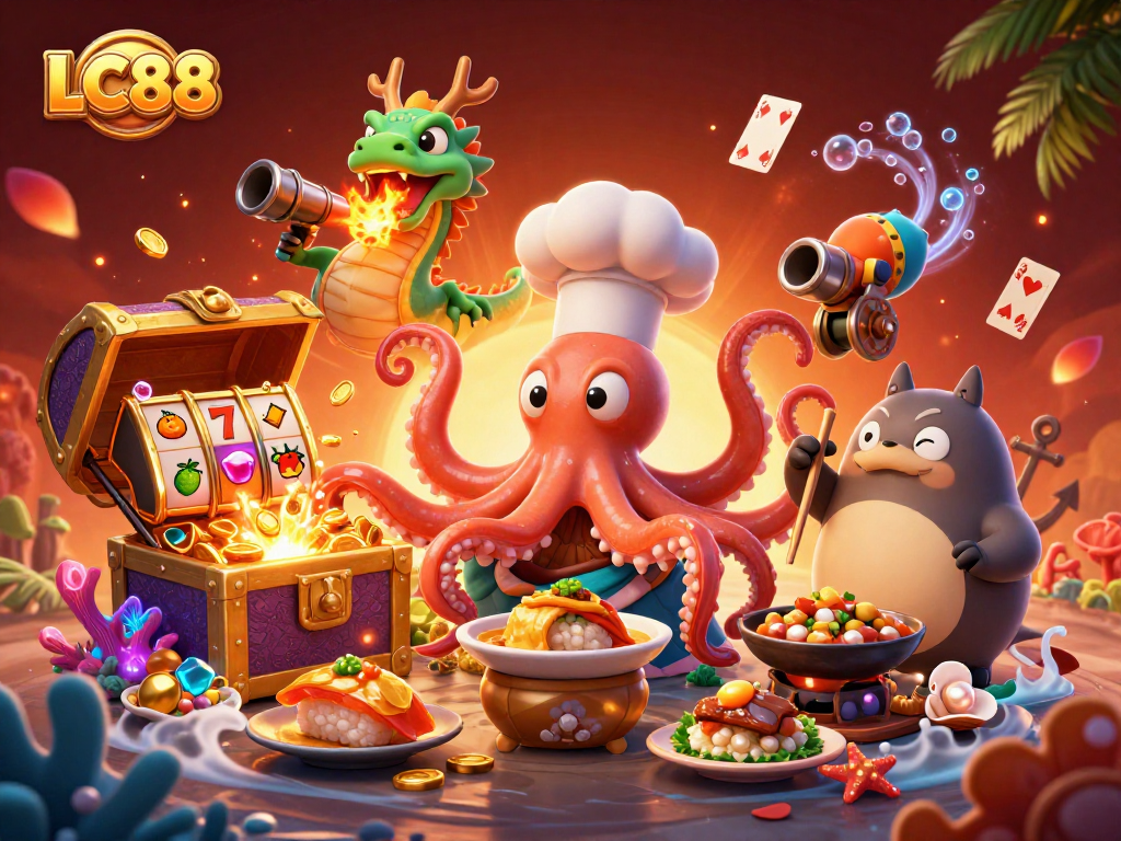 Experience thrilling gaming with LC88's vibrant 3D scene featuring playful characters amidst slot reels and treasures.