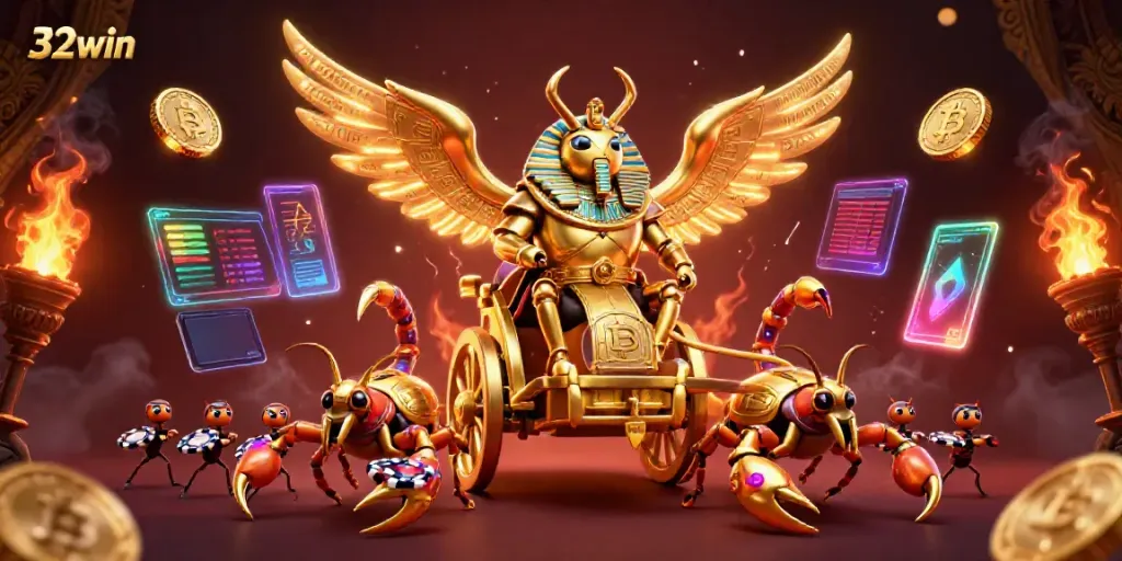 Experience the magic of 32win with a grandiose casino illustration featuring golden scarabs and scorpions.