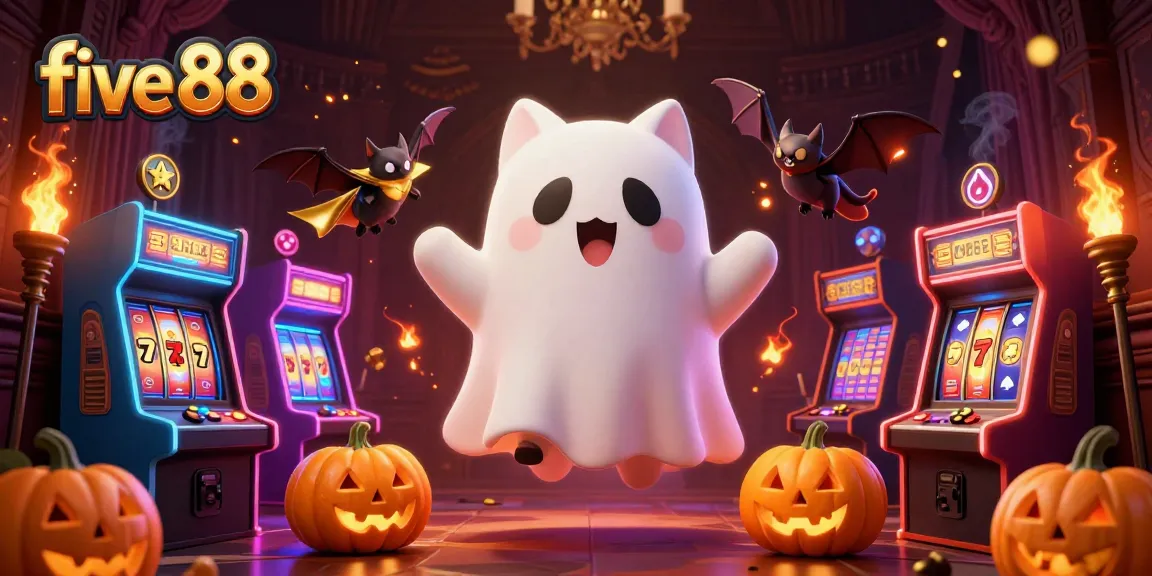 Experience the excitement of five 88 with a ghost cat and bat in a vibrant casino scene filled with glowing elements.