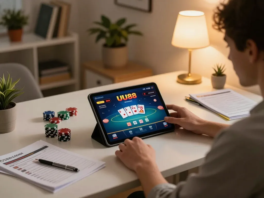 Engaged player exploring UU88 poker game on tablet, showcasing responsible gaming atmosphere.