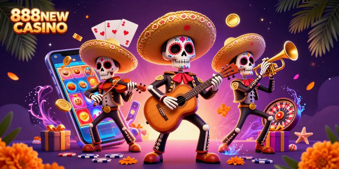 Win big at 888NEW CASINO with vibrant gaming action featuring skeleton mariachis and excitement-filled game elements.