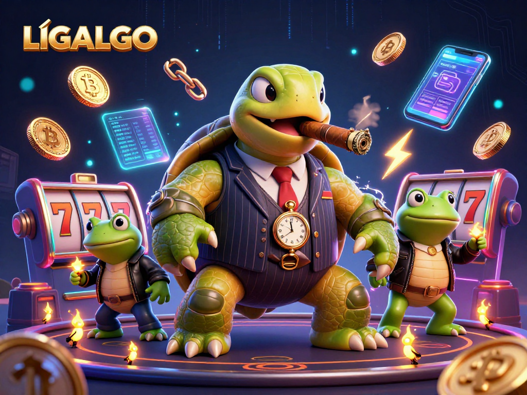 LIGALGO showcases a cartoon turtle in a casino scene, surrounded by slot games and crypto elements.