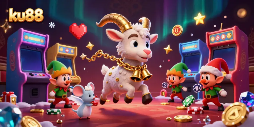 Experience the festive chaos of ku88 casino with a Krampus goat, angel mouse, and mischievous gremlins.