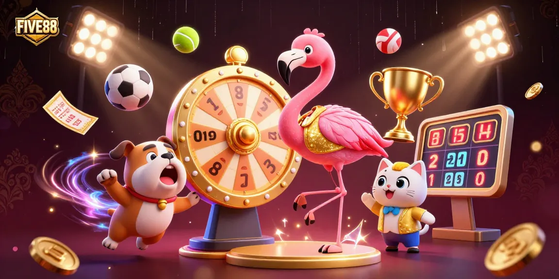 Participate in thrilling activities at FIVE88 with a vibrant illustration featuring dynamic game show characters and exciting sports elements.