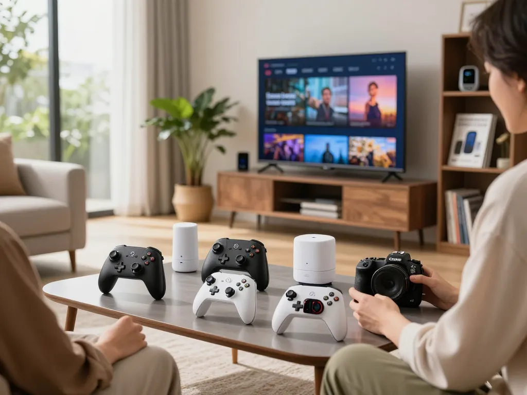 Discover stunning latest tech gadgets 2085 featured in a stylish urban living room showcasing Bluetooth devices.
