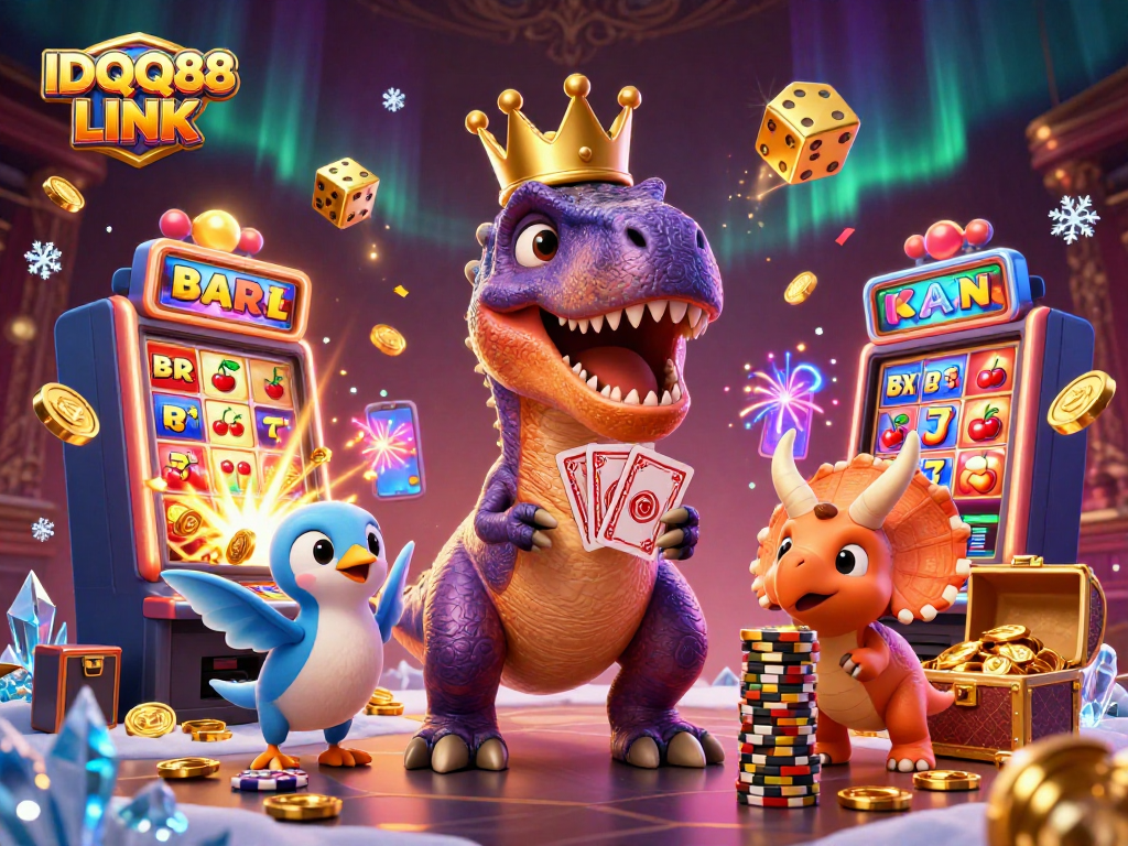 Experience IDQQ88 LINK with a vibrant casino scene featuring friendly dinosaurs and jackpot excitement.