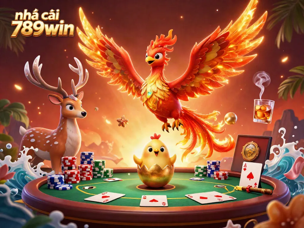 Witness the vibrant scene of nhà cái 789win as a phoenix and stag celebrate gaming with poker elements.