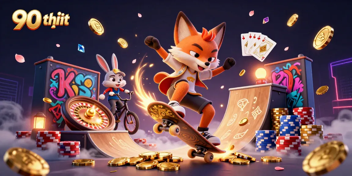Experience the thrill of gambling with 90 phút tv in an energetic 3D cartoon scene, featuring exciting characters and casino elements.