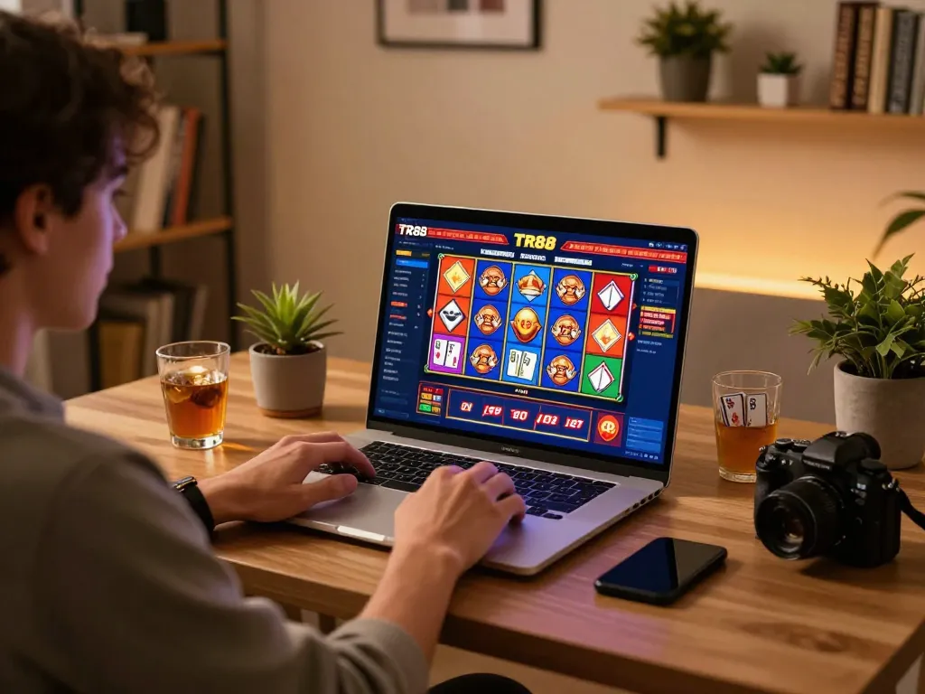 Engaging gameplay on TR88 online casino platform featuring colorful slots and card games at home.