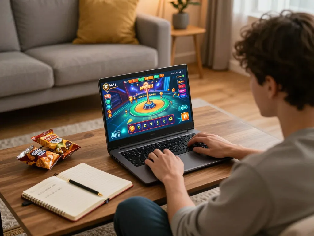 KADAL 778 player enjoying an online casino game in a cozy home setup with colorful visuals.