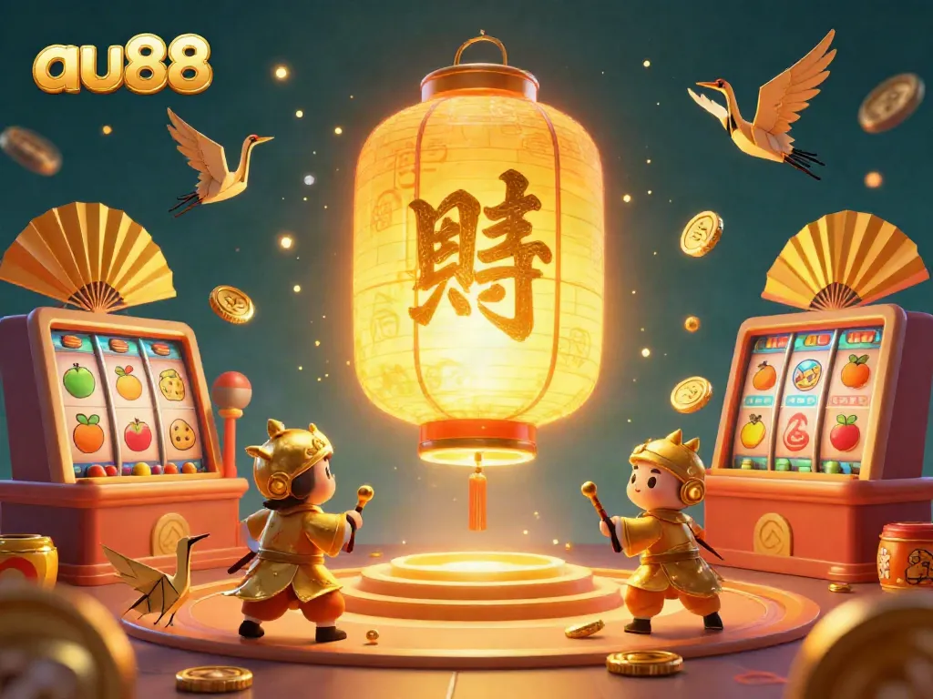 Experience the vibrant energy of au88 at the casino with golden lantern spirits and slot reels!