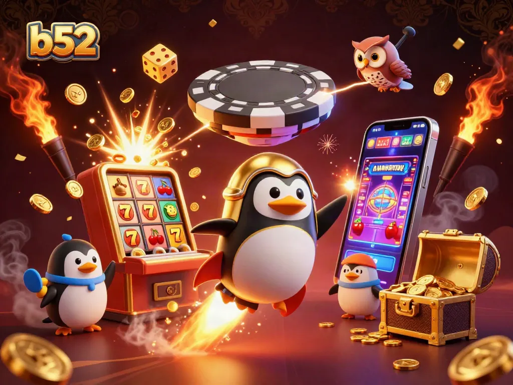 Experience fun in the b52 casino universe with a dynamic illustration showcasing vibrant slots and golden treasures