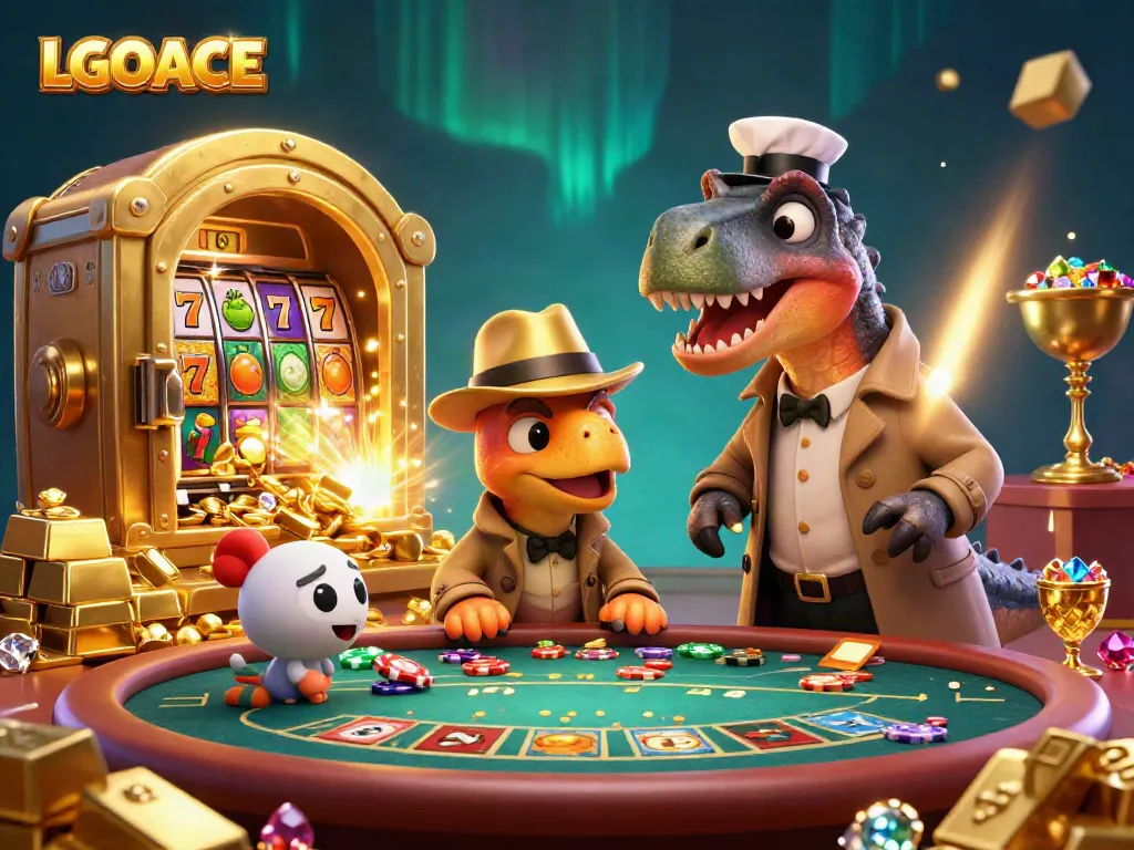 LGOACE engaged players at a blackjack table with a velociraptor card counter and a suspicious stegosaurus pit boss.