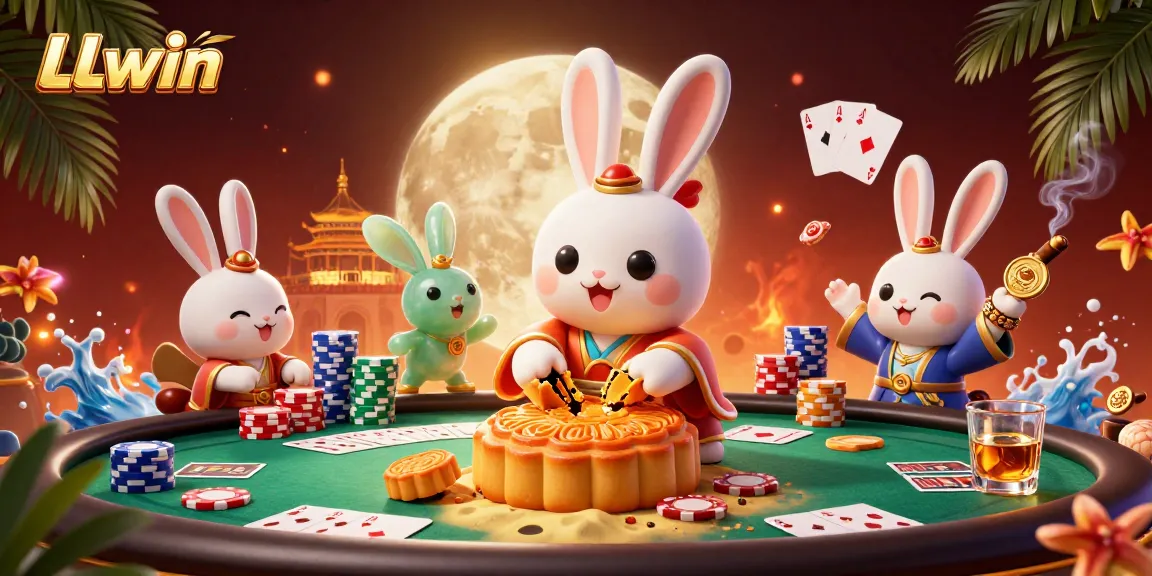 LLwin's enchanting moon rabbit character ingeniously reveals poker chips, celebrating gaming.