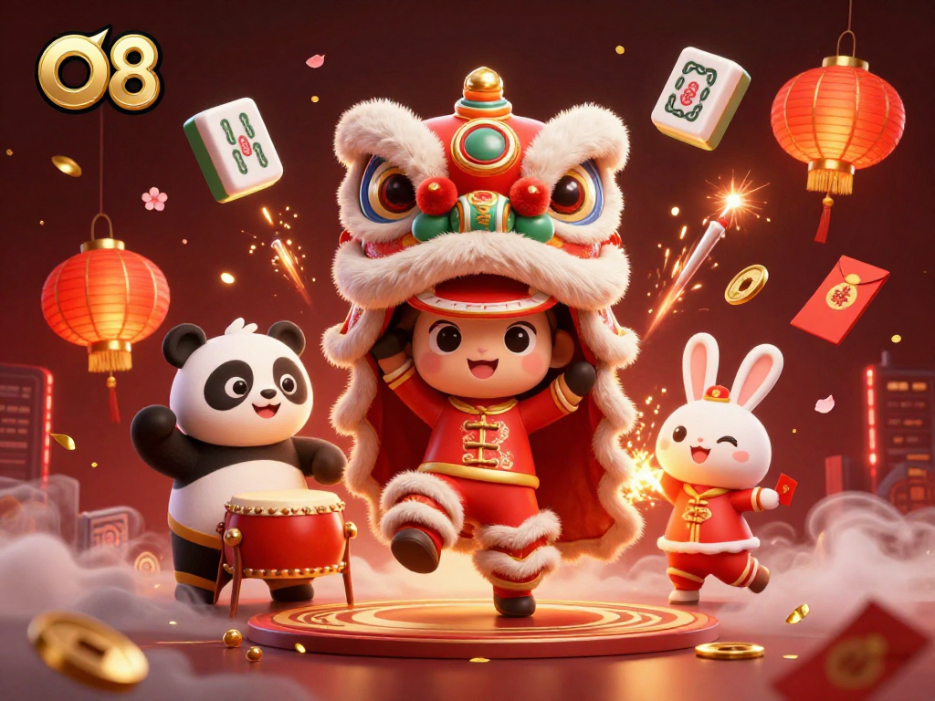 Experience the excitement of O8 with vibrant lion dance and festive gaming elements in this colorful illustration.