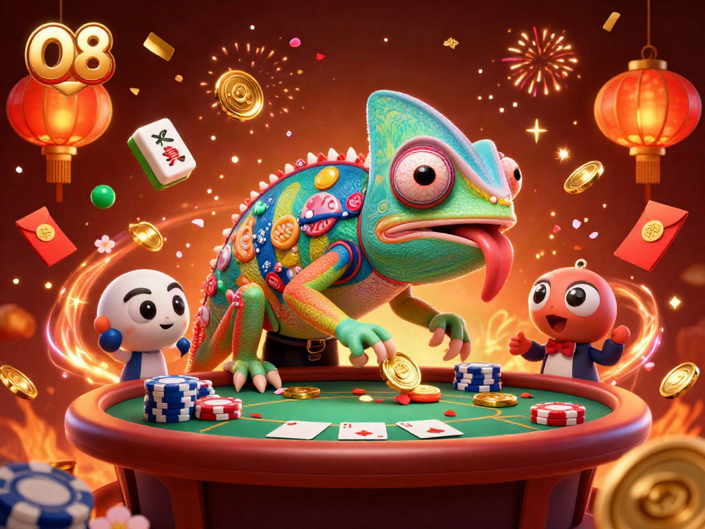 O8 casino illustration featuring a vibrant chameleon owner at a poker game with colorful 3D elements.